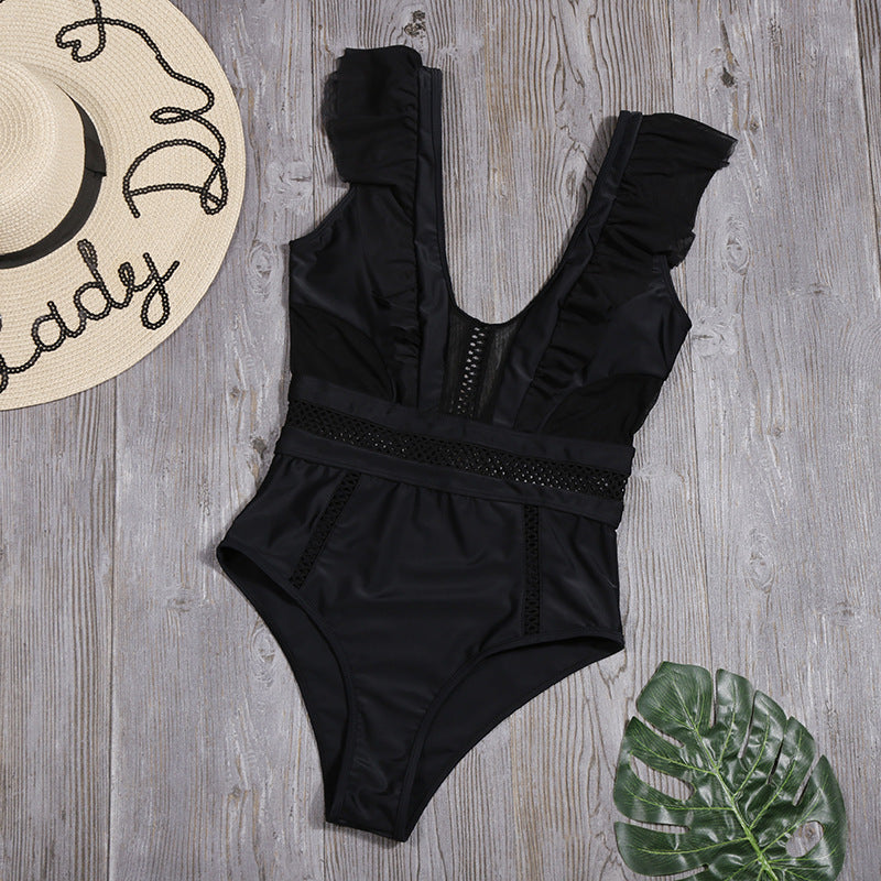 Sexy Hollow Out Cutout Swimsuit Women Deep V Plunge Plunge One-Piece Swimsuit Ruffled Bikini Bella Mia